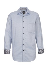 Hellblaues Hemd mit Knöpfen, mit strukturiertem Muster, schwarzen Kn�öpfen, einer Tasche und gemusterten Manschetten in Marineblau, Weiß und Rot.