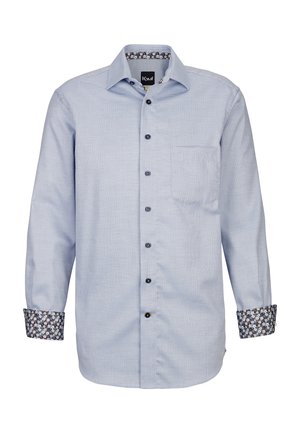 Hellblaues Hemd mit Knöpfen, mit strukturiertem Muster, schwarzen Knöpfen, einer Tasche und gemusterten Manschetten in Marineblau, Weiß und Rot.