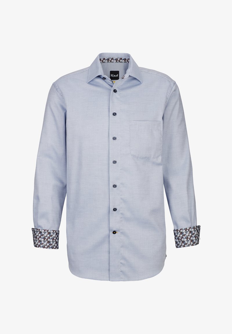 Camicia azzurra chiaro con bottoni neri, una tasca e polsini a fantasia nelle tonalità di blu navy, bianco e rosso.