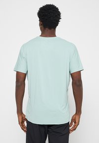 Jasnozielony miętowy t-shirt z krótkim rękawem wykonany z gładkiej tkaniny, o luźnym kroju i subtelnych detalach przeszyć, widziany od tyłu.