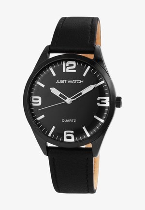 Black quartz watch with a round case, white Arabic numerals, and silver hands. Black leather strap with a smooth texture. Minimalist design.