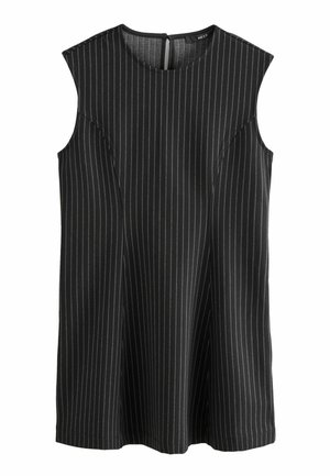 Robe noire sans manches avec des rayures blanches verticales, décolleté rond et fermeture éclaire au dos. Tissu lisse avec une coupe décontractée.