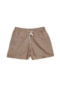 Costumi da bagno con un motivo geometrico in giallo e blu navy. Presentano una vita elasticizzata con cordino e tasche laterali. Realizzati in tessuto leggero.