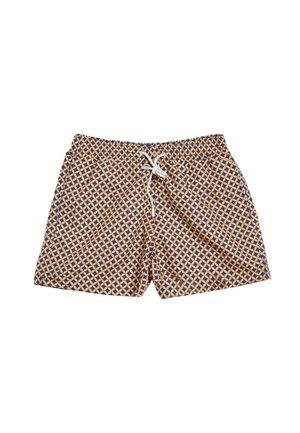Costumi da bagno con un motivo geometrico in giallo e blu navy. Presentano una vita elasticizzata con cordino e tasche laterali. Realizzati in tessuto leggero.