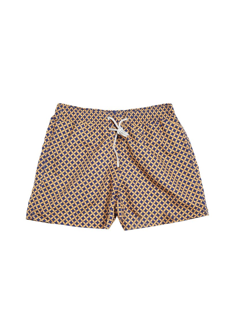 Costumi da bagno con un motivo geometrico in giallo e blu navy. Presentano una vita elasticizzata con cordino e tasche laterali. Realizzati in tessuto leggero.
