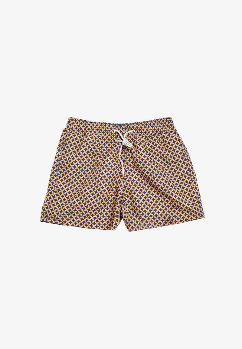 Costumi da bagno con un motivo geometrico in giallo e blu navy. Presentano una vita elasticizzata con cordino e tasche laterali. Realizzati in tessuto leggero.