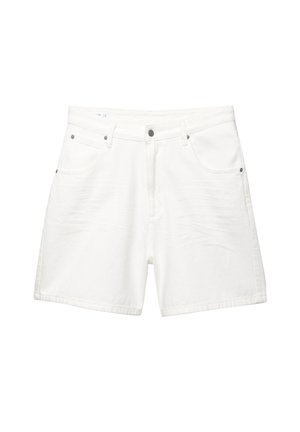 Șorturi din denim alb cu croială dreaptă, cinci buzunare și accente metalice în față. Prezintă o textură ușoară pentru un detaliu suplimentar.