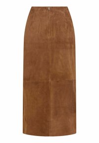 Jupe midi en daim marron avec une fermeture éclair à l'avant et des détails subtils de couture, avec une coupe droite légèrement ajustée.