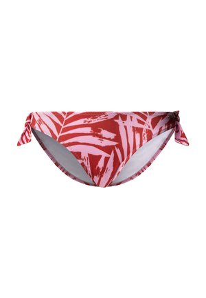 Rote und rosa Bikini-Hose mit einem Muster aus tropischen Blättern, seitlichen Bindebändern und einem glatten, elastischen Stoff.