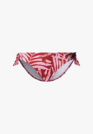 Rød og rosa bikini-bunn med tropisk blader mønster, med siden knytebånd og glatt, stretchy stoff.