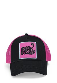 Black cap with pink mesh sides, featuring an embroidered Pink Floyd logo in a pink square and blue outline on the front.
