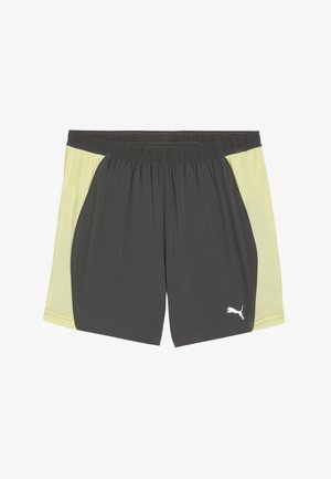 Sportiniai šortai su pilku kūnu, geltonomis tinklinėmis šoninėmis juostomis, elastine juosta ir balta Puma logotipu apatiniame kairiame kampe.