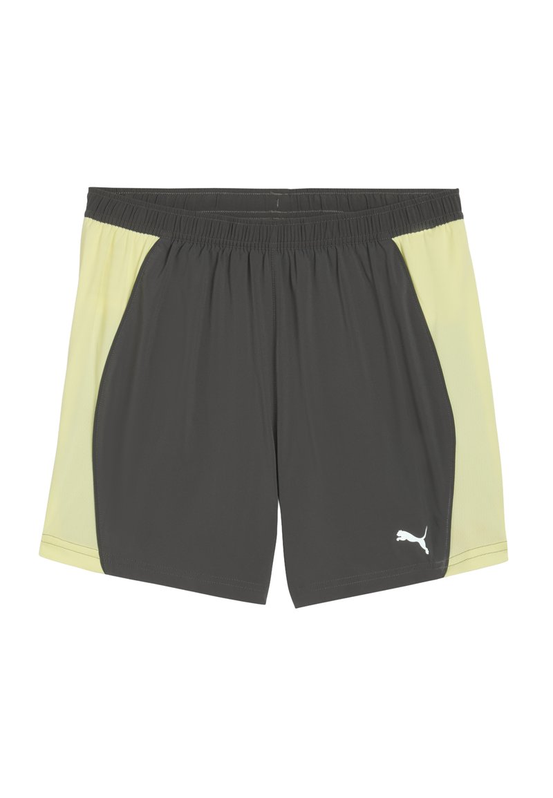 Sportshorts mit grauem Körper und gelben Netzpaneelen an den Seiten, einem elastischen Bund und einem weißen Puma-Logo unten links.