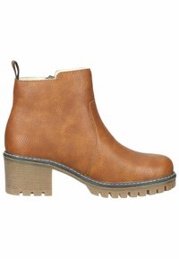 Bottine marron texturée avec un bout arrondi, une boucle à l'arrière et un talon bloc de 4 cm ; dotée d'une semelle en caoutchouc à crampons et de coutures blanches en détail.