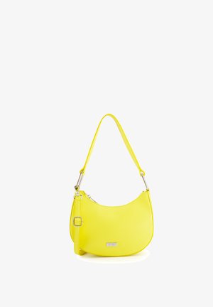 Yellow leather handbag with a curved shape, single shoulder strap, and silver hardware. Smooth texture and small logo detail on the front.