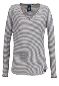 Camisa de manga larga a rayas horizontales en gris y blanco con cuello en V y adornos de cuentas decorativas en el escote y en los puños.