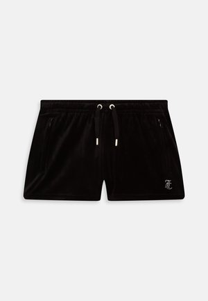 Shorts di velluto nero con vita elasticizzata e cordoncino regolabile, tasche laterali con zip e un piccolo logo in strass.
