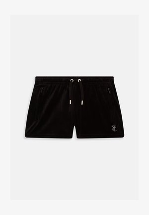 Schwarze Samtshorts mit elastischem Bund und verstellbaren Kordeln, seitlichen Reißverschlusstaschen und einem kleinen Logo aus Strasssteinen.