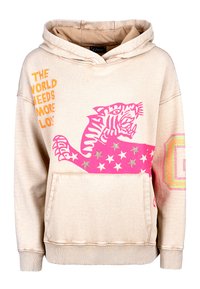 Beige hoodie with a kangaroo pocket, featuring a bold pink tiger graphic, orange text, and a decorative star and circle design in pink and green.