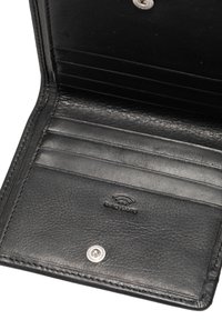 Black leather wallet featuring multiple card slots and a snap closure, with an embossed "RFID SAFE" logo and a textured surface.