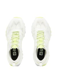 White athletic shoes with a textured mesh upper, yellow accents, and a cushioned sole, featuring lace-up closure and pull tab at the heel.