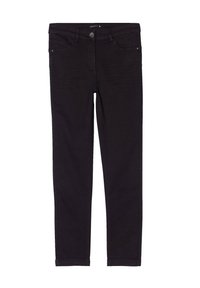 Jean skinny en denim noir avec une texture lisse, design à cinq poches et fermeture à bouton à la taille. Détails légèrement usés.
