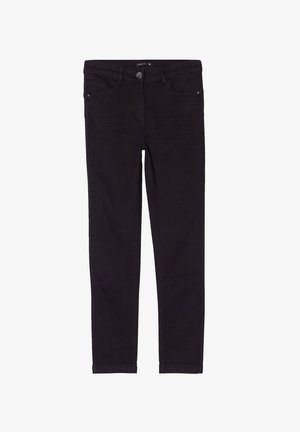 Schwarze Skinny-Jeans aus Denim mit einer glatten Textur, Fünf-Taschen-Design und einem Knopfverschluss am Bund. Leicht ausgefranste Details.
