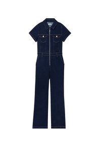 Combinaison en denim bleu marine avec des manches courtes, une fermeture éclair devant, deux poches poitrine et des jambes larges. Présente des coutures contrastées.