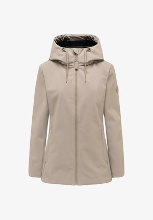 Beige hettejakke med glidelås foran, snorer på hetten, sidelommer og logoemblem på venstre erme, vist på hvit bakgrunn.