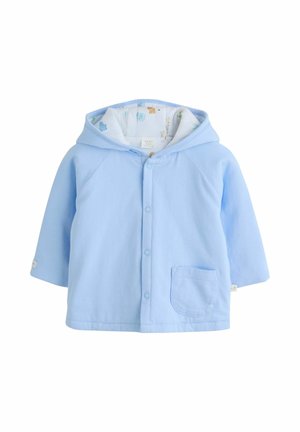 Lichtblauw babyjack met capuchon, drukknoopsluiting aan de voorkant en een klein voorvak; de binnenvoering van de capuchon is voorzien van een dierenprint.