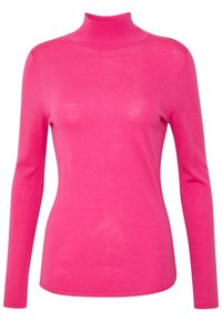 Muotoiltu vaaleanpunainen pooloneule pitkillä hihoilla, valmistettu pehmeästä kankaasta, jossa on resorireunus kauluksena ja sileä pinta.