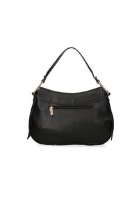 Zwarte leren schoudertas met een gestructureerd oppervlak, gebogen vorm, enkele schouderband en een ritsvak aan de voorkant. Voorzien van gouden hardware accenten.