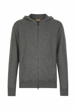 Mörkgrå zip-up hoodie med långa ärmar och ribbade muddar och nederkant, visad mot en vit bakgrund.