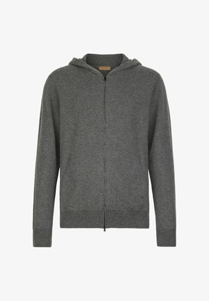 Mörkgrå zip-up hoodie med långa ärmar och ribbade muddar och nederkant, visad mot en vit bakgrund.