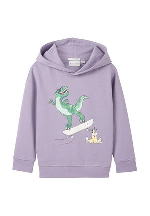 Liliowa dziecięca bluza z kapturem z zielonym dinozaurem na deskorolce, który przejeżdża nad zaskoczonym żółtym ośmiornicą na przodzie.