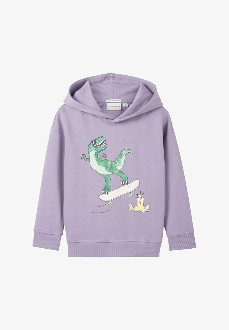 Sweat à capuche lilas pour enfants avec un dinosaure vert faisant du skateboard au-dessus d'un personnage poulpe jaune surpris sur le devant.