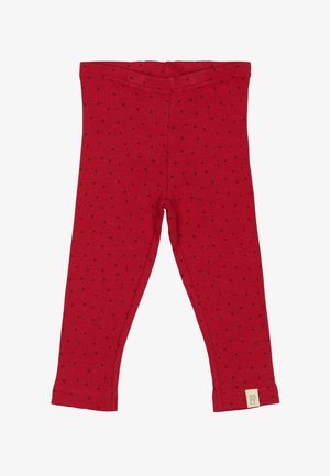 Crvene rebraste tajice sa malim crnim točkicama, sa elastičnim pojasom i oznakom brenda na rubu. Mekani pamučni materijal.