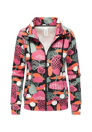 Kleurvolle zip-up hoodie met een zwarte achtergrond en levendige botanische patronen in roze, groen en oranje. Zachte stof met geribbelde manchetten.