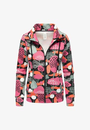 Bunte Zip-Hoodie mit schwarzem Hintergrund und lebhaften, pinken, grünen und orangefarbenen botanischen Mustern. Weicher Stoff mit gerippten Bündchen.