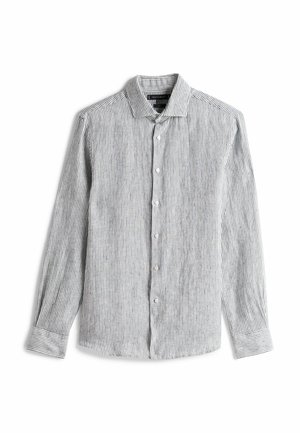 Camicia a righe con bottoni in grigio chiaro e blu navy, caratterizzata da colletto, maniche lunghe e un tessuto testurizzato con dettagli sottili.
