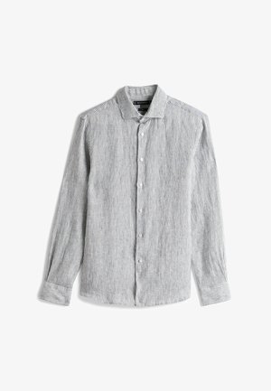 Gestreiftes Hemd in hellgrau und marineblau, mit Kragen, langen Ärmeln und einem strukturierten Stoff mit subtilen Details.