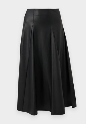 Black leather skirt featuring pleats, a smooth texture, mid-length design, and a fitted waistline. Minimalist style with no visible hardware.