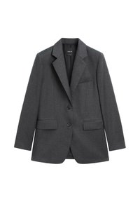 Grå uld blazer med reverskrave, to forlommer og to knapper. Har en slank pasform med en glat tekstur og rene linjer.