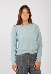 Maglione azzurro chiaro realizzato in materiale morbido, con una finitura testurizzata decorata da paillettes sparse, orlo e polsini a costine. Indossato con pantaloni a scacchi.