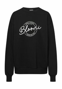 Czarna bluza z miękkiego materiału, z okrągłym dekoltem, długimi rękawami i białym wzorem graficznym z napisem z przodu.