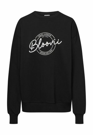 Czarna bluza z miękkiego materiału, z okrągłym dekoltem, długimi rękawami i białym wzorem graficznym z napisem z przodu.