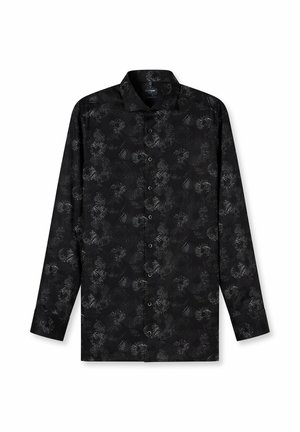 Black long-sleeve shirt with a subtle textured floral pattern in gray. Features a button placket and a traditional collar.