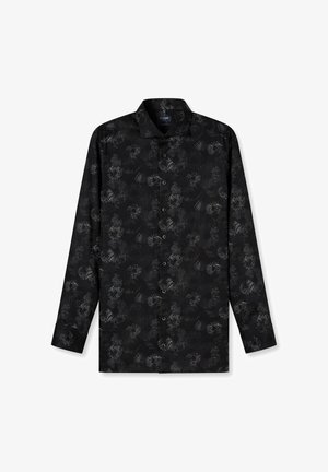 Schwarzes Langarmshirt mit einem dezenten, strukturierten Blumendruck in Grau. Verfügt über eine Knopfleiste und einen traditionellen Kragen.