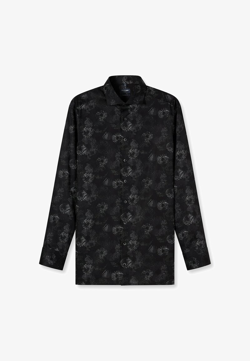 Schwarzes Langarmshirt mit einem dezenten, strukturierten Blumendruck in Grau. Verfügt über eine Knopfleiste und einen traditionellen Kragen.