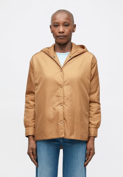 Brown lightweight hooded jacket with a smooth texture, featuring button closure and long sleeves, paired with blue jeans.